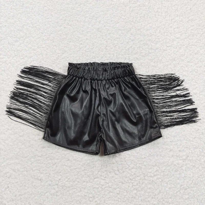 Minimal Classic girls black tassel leather shorts SS0094