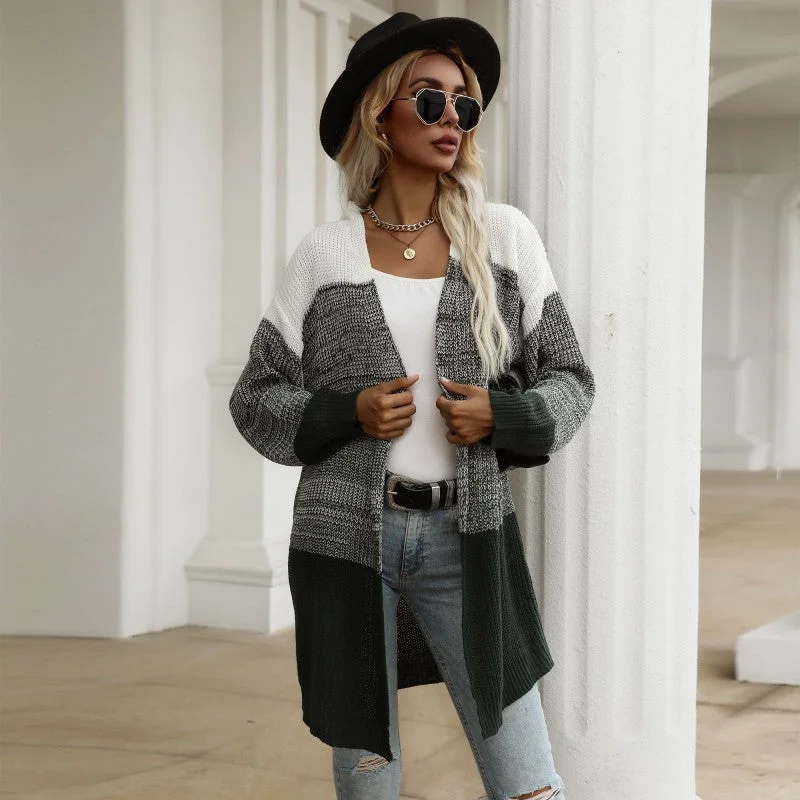 Fashion Style Contrast Color Open Front Drop Shoulder Cardigan Women Wholesale Clothing