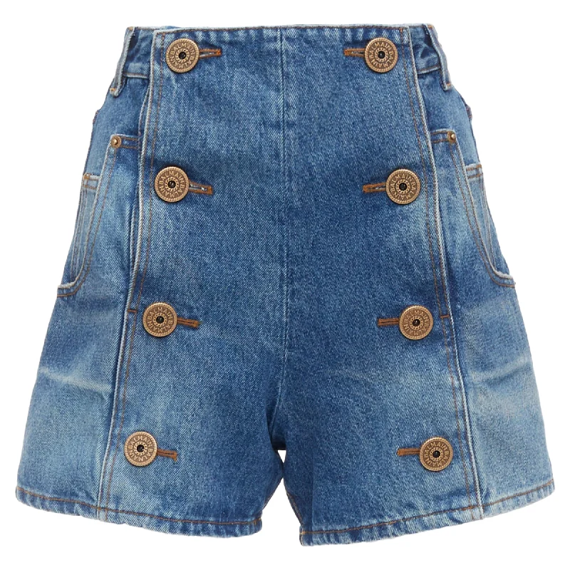 Noble Temperament Balmain Washed Bronze Coin Button High Waisted Denim Shorts
