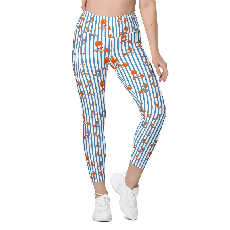 Retro Lace Fabric Stripes & Crabs Leggings With Pockets