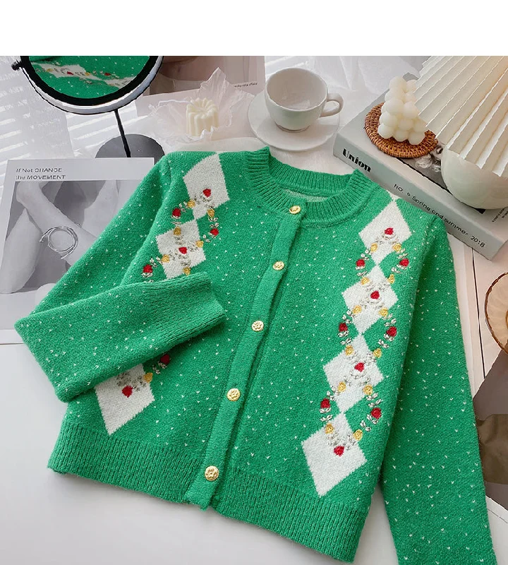 Retro Style Vintage Embroidered Floral contrast Crew Neck Sweater Cardigan  6078