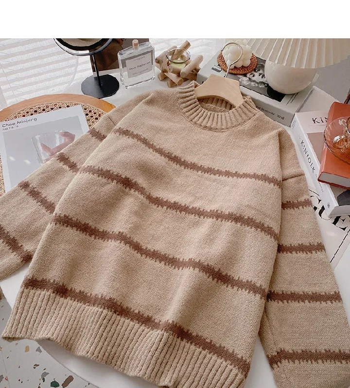 Casual Elegance Hong Kong Style Vintage stripe slim long sleeve top  6028