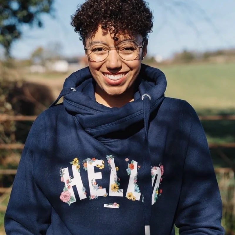 Comfortable Wear Navy Floral Hello Cowl Neck Hoodie