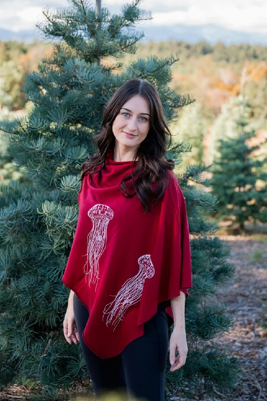 Street Sports Shoes Scarlet Red Poncho with Jellyfish Print