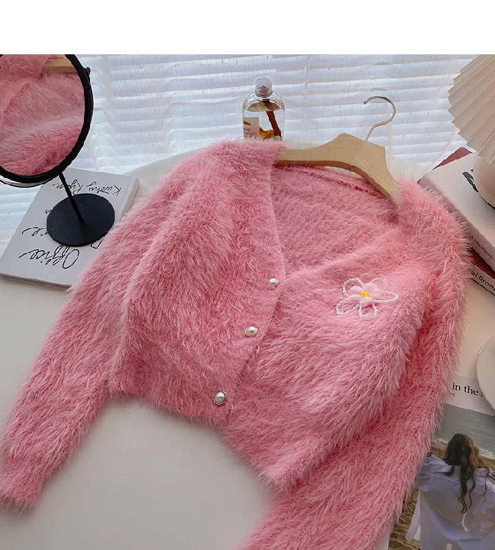 Everyday Style Sweet foreign style short V-neck flower nail bead top cardigan  6019
