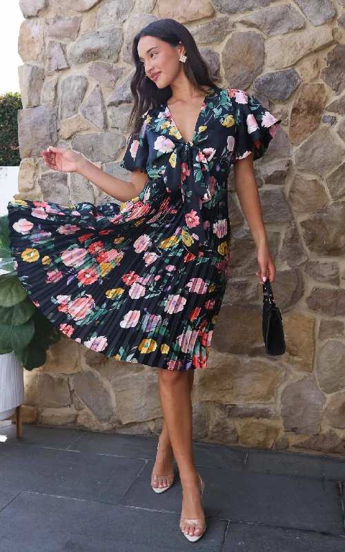 Basic Version Reya Midi Dress - Black Floral