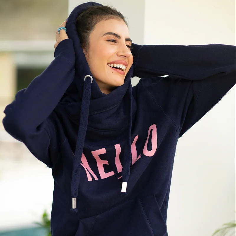 Style Design Navy Pink Hello Cowl Neck Hoodie