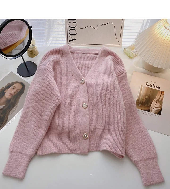 Comfortable Fashion Korean retro sweet Beaded single breasted long sleeved top  6023