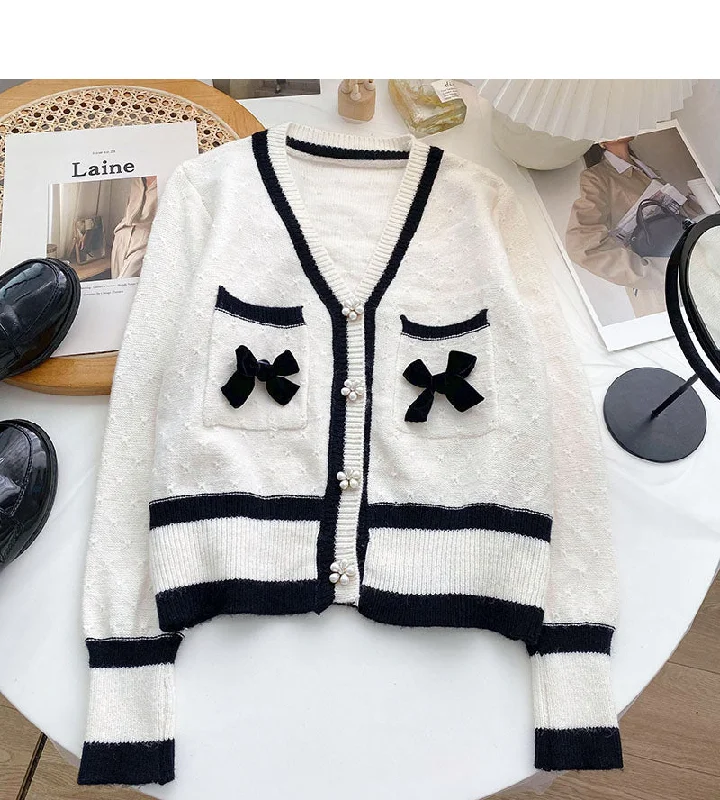 Versatile Itinerary Small fragrance retro nail bead color matching V-neck bow top  6034