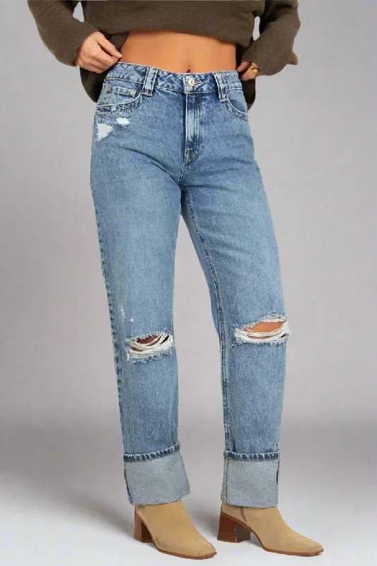 Elegant And Casual Cuffed Straight Ankle Jeans - Vintage Blue Black