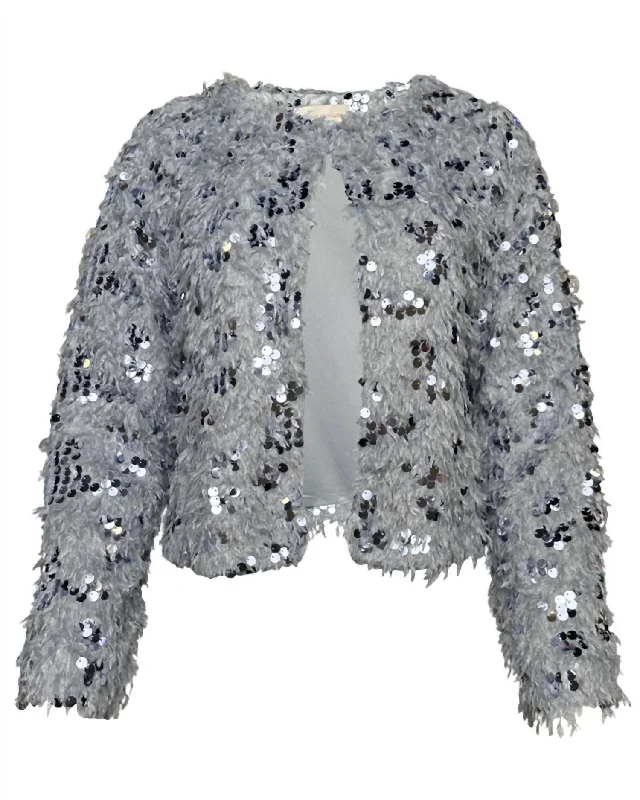 Exquisite Fabrics Women's Feathered Sequin Cardigan In Silver