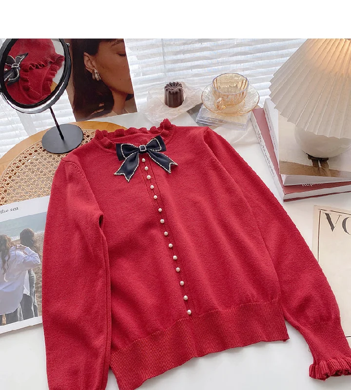Retro Design Korean bow round neck design retro nail bead Lace Long Sleeve Top  6038