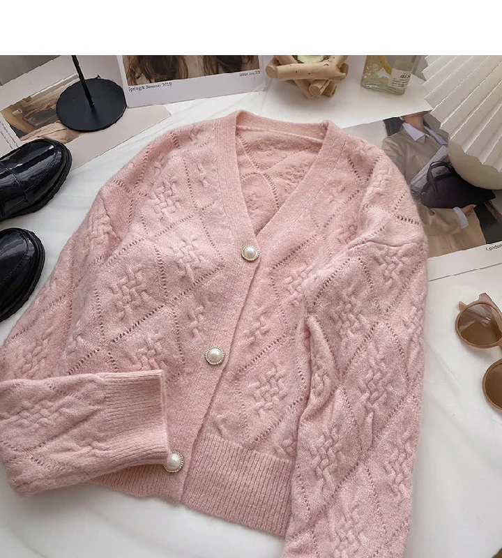 Classic Gentle French retro pearl button V-Neck long sleeve top  6051