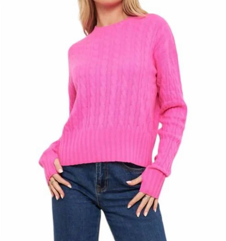 Comfy Pants Cable Knit Crew Sweater In Fuschia