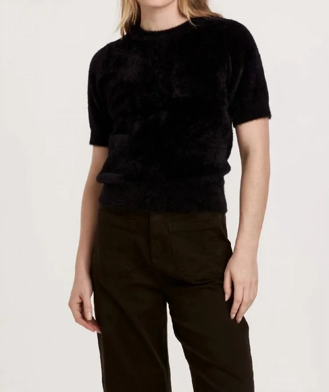 Easy Style Suzie Fuzzy Short Sleeve Sweater Top In Black