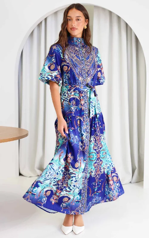 Retro Style Sahara Night Sky Short Sleeve Maxi Dress - Blue Multi Print