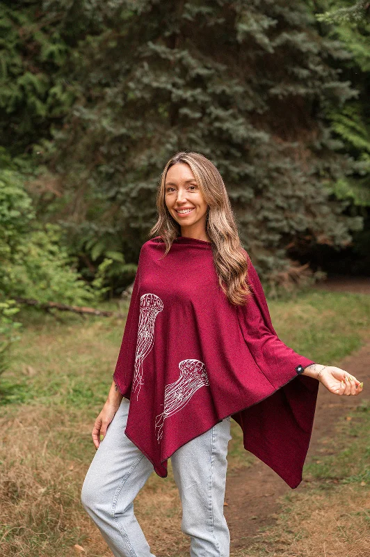Luxury and fashionable Merlot Tencel Poncho with Jellyfish Print
