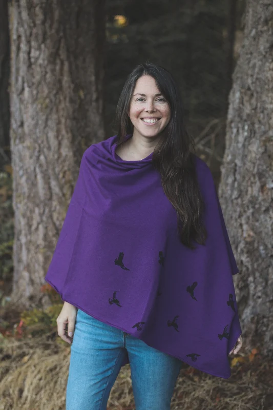 Cozy Outfit Eggplant Tencel Poncho with Birds Print