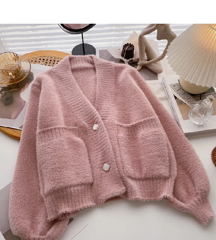 Street Style Suit Loose design imitation mink coat cardigan  6073