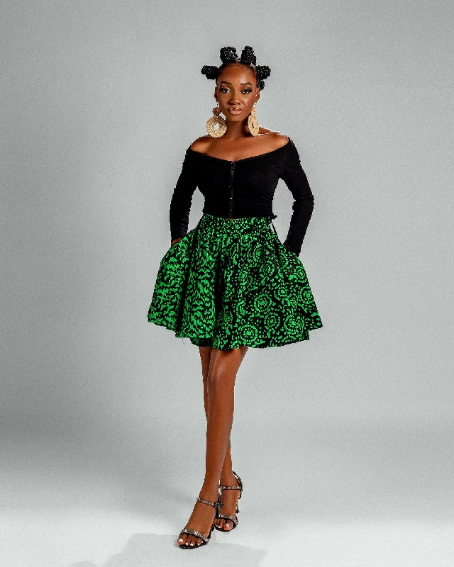 Classic Jayla Ankara High Waisted Flare Short | Green  and Black African Print