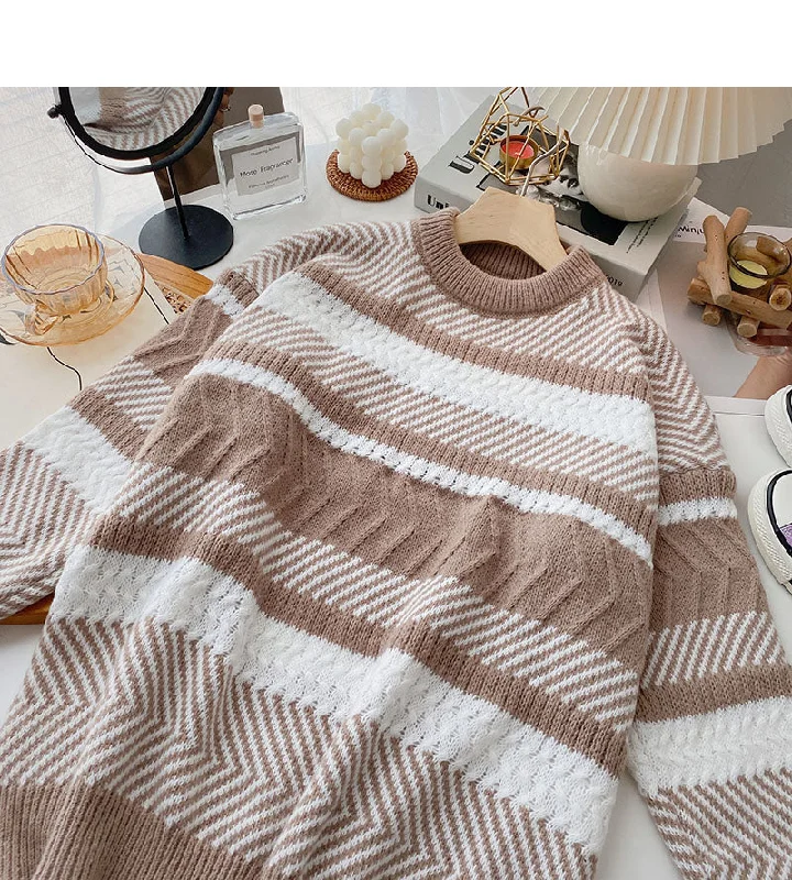 Sports Express Lazy wind contrast striped sweater Korean version fashionable and simple  6071