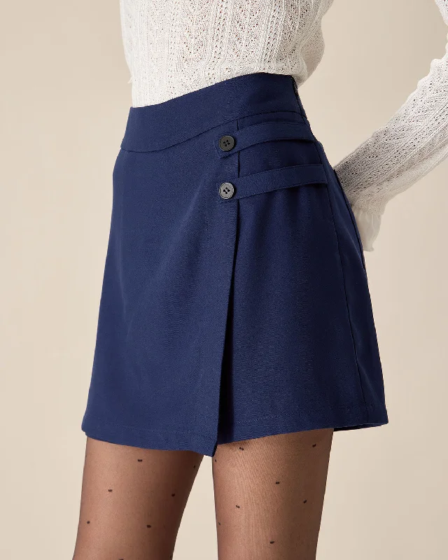 Comfortable And Simple Navy High-waisted Button Skort