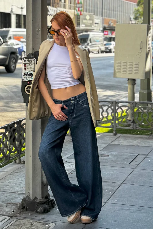 Cool Summer Double Button Wide Leg Jean - Vintage Blue Black