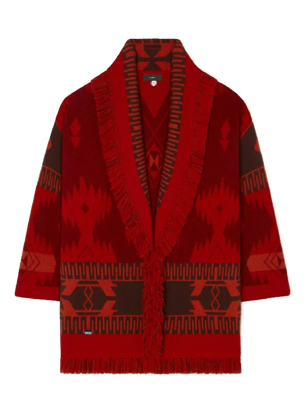 Free And Comfortable Icon Jacquard Cardigan In Russet Red/fire