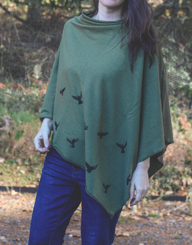 Age-reducing Style Moss Green Tencel Poncho with Birds Print