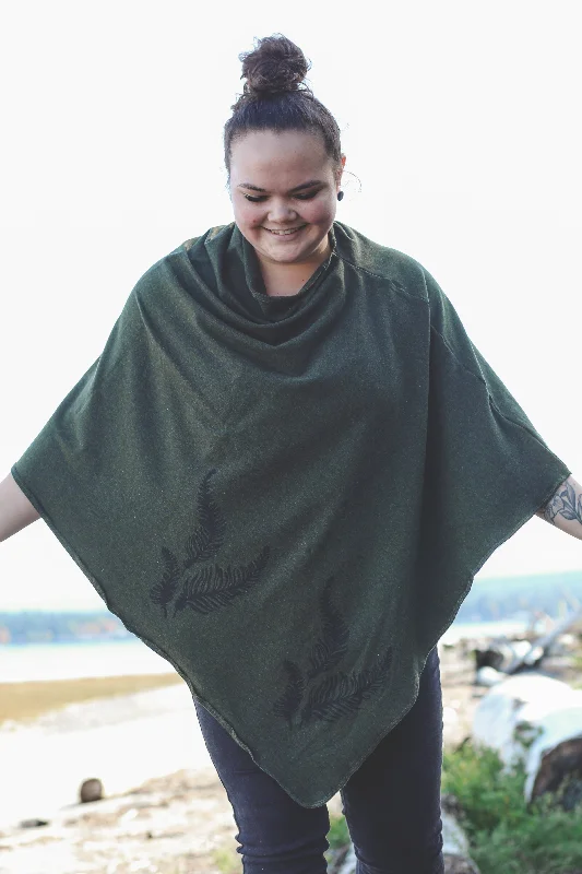 Soft Wear Forest Green Tencel Poncho with Fern Print