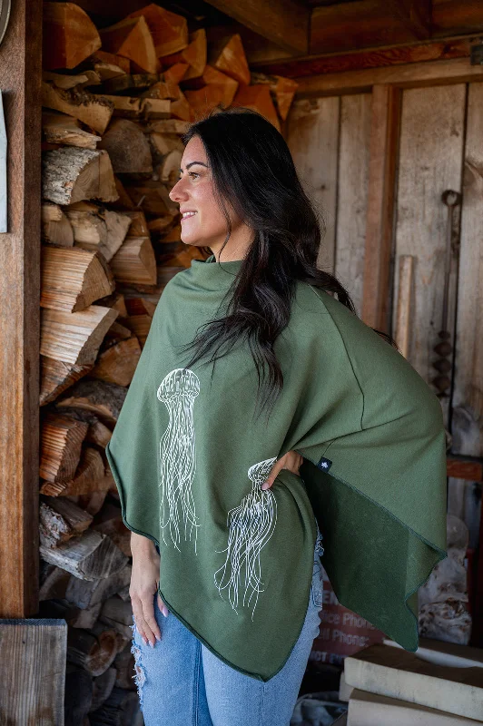 Warm and substantial Moss Green Tencel Poncho with Jellyfish Print