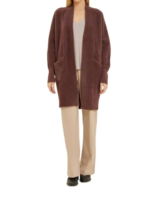Noble Temperament Fuzzy Cardigan In Rasin