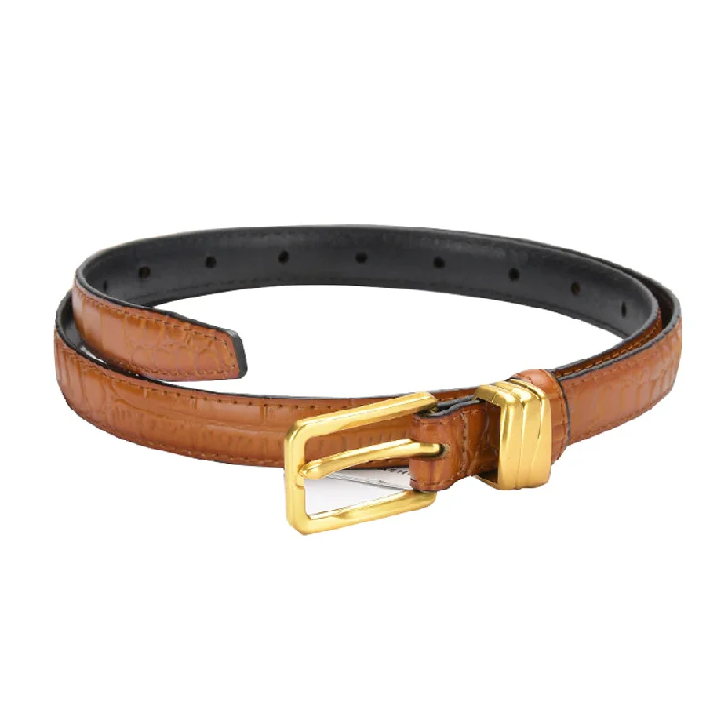 Exquisite Tailoring Genuine leather with Crocodile pattern pin buckle thin belt jeans belt for women (Light Brown)