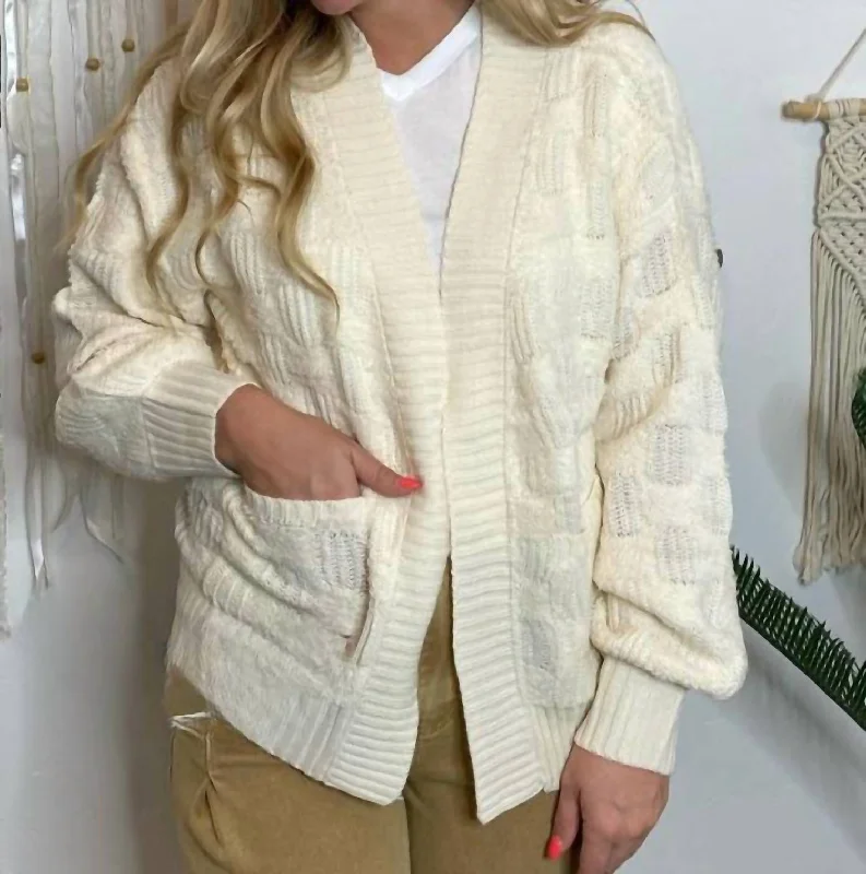 Fashionable In The Times Fluffy Checker Cardigan In Ivory