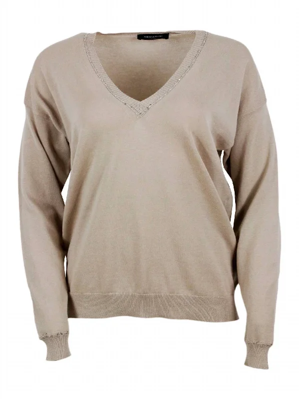Soft Textures Women's V-Neck Knitted Sweater In Sabbia