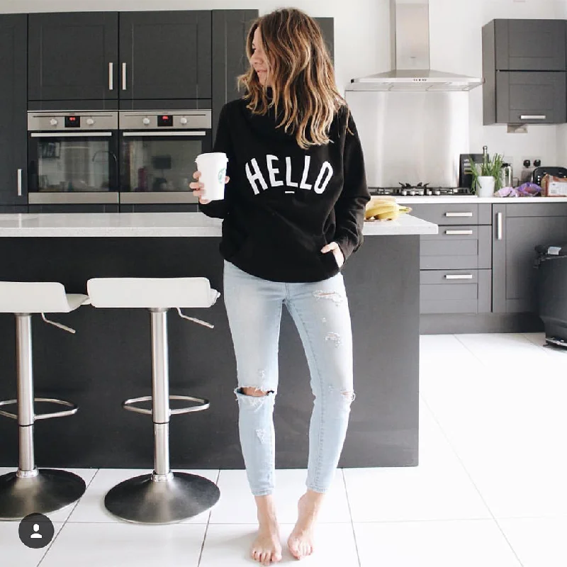 Slim Fit Black Hello Cowl Neck Hoodie