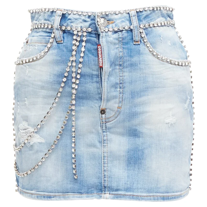 Youthful Street Fashion Dsquared2 Distressed Denim Crystal Chain Embellished Mini Skirt