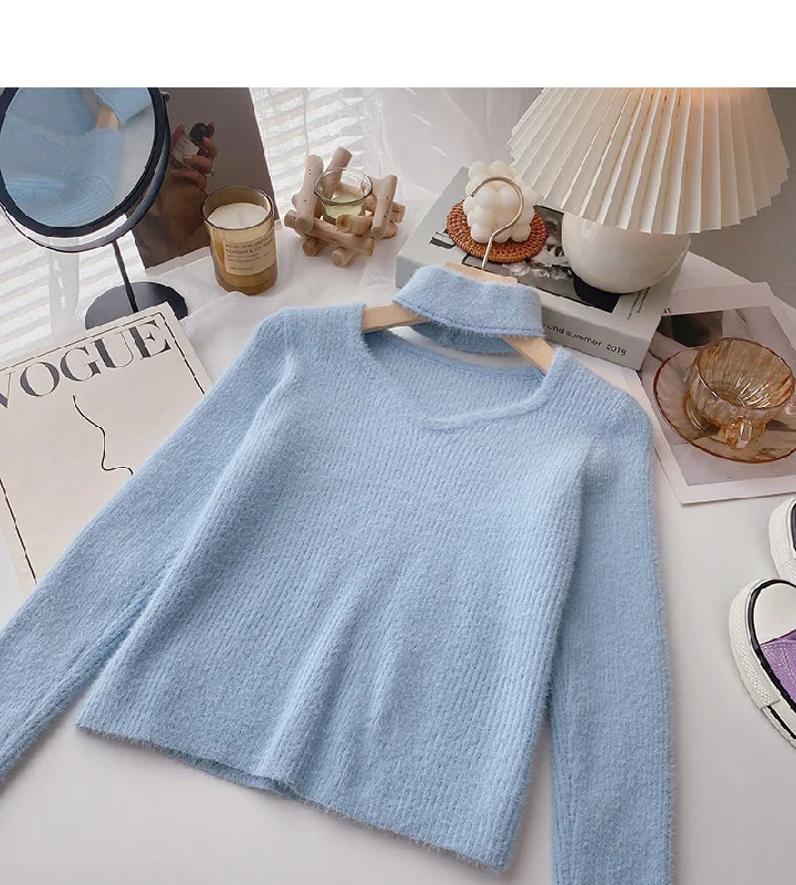 Sports Cool Imitation mink pure color sweater hollow neck top  6061