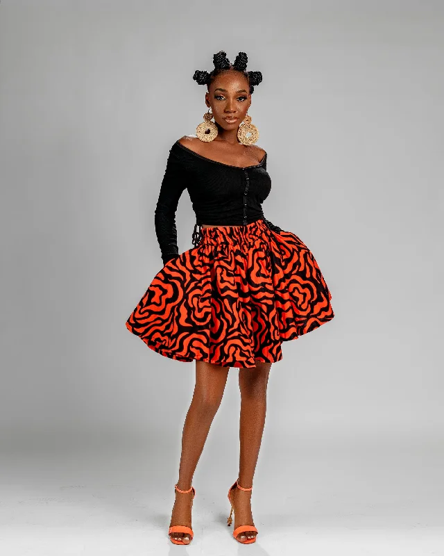 French Style Julie Ankara High Waisted Flare Short | Orange and Black African Print