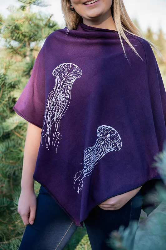 Independent design Eggplant Tencel Poncho with Jellyfish Print