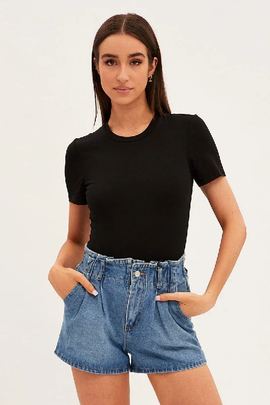 Casual Elegance Blue Paperbag Denim Shorts High Rise