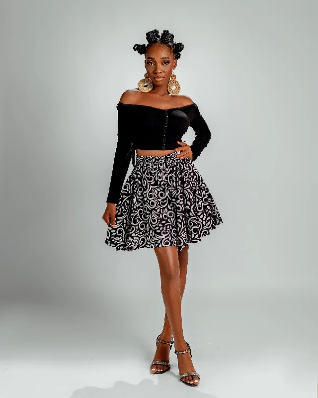 Embroidered Letters Jayden Ankara High Waisted Flare Short | Black and White African Print
