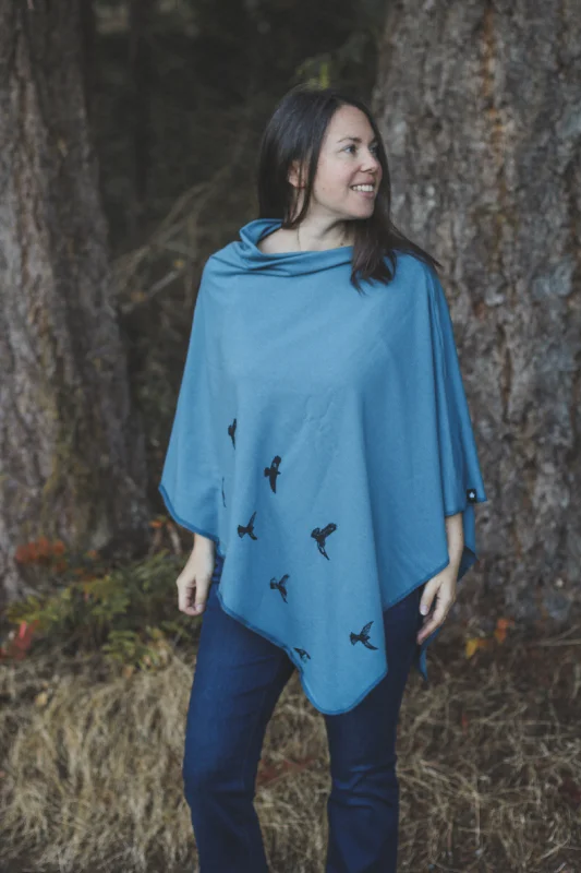 Free Design Stellar Blue Tencel Poncho with Birds Print