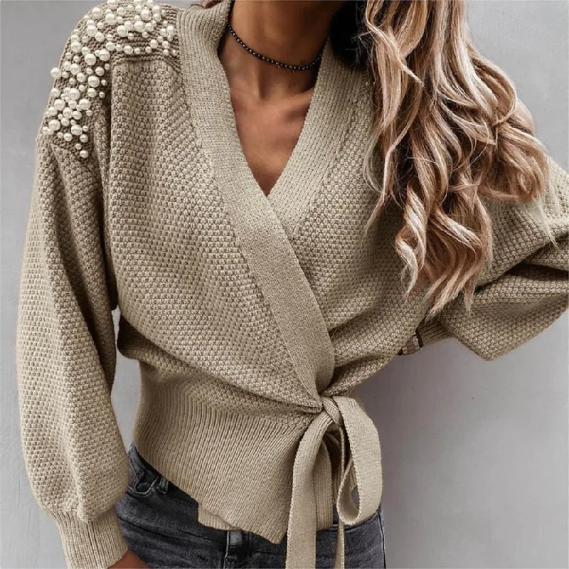 Casual Comfort Autumn New Cardigan Sweater Long Sleeve V-neck Tie Bow Knot Pearl Waist Closed Knit Drop Shoulder Beaded Wrapover