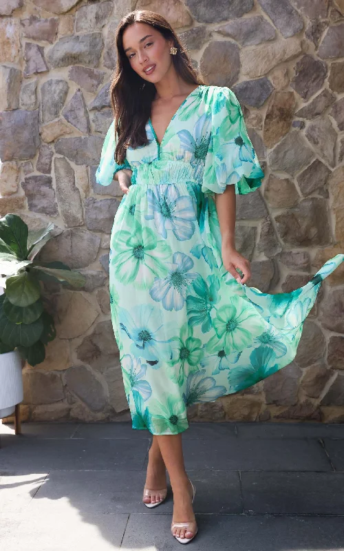Fresh Wear Diana Short Sleeve Maxi Dress - Green Blue Floral