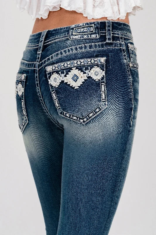 Cozy Layers Aztec Embroidered Faux Flap Mid Rise  Bootcut Jeans