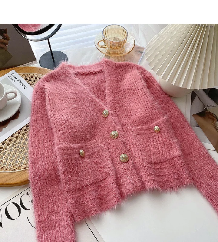 Relaxed Fit The new Korean version is gentle and thin. Short long sleeve V-neck top  6025