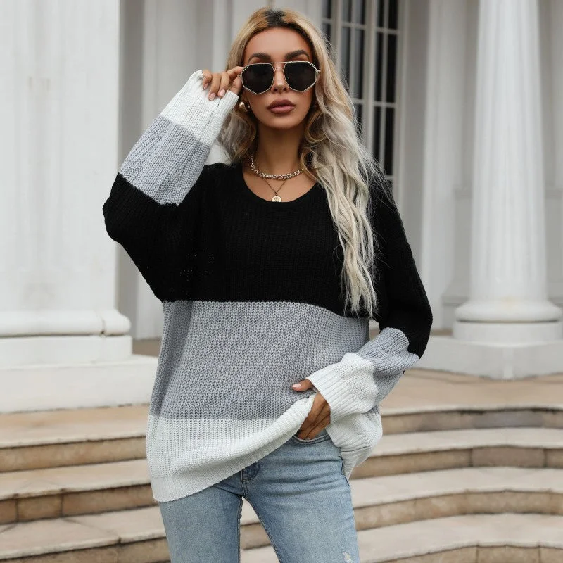 Outdoor Trend Hit Color Knitting Round Collar Loose Wholesale Womens Sweaters