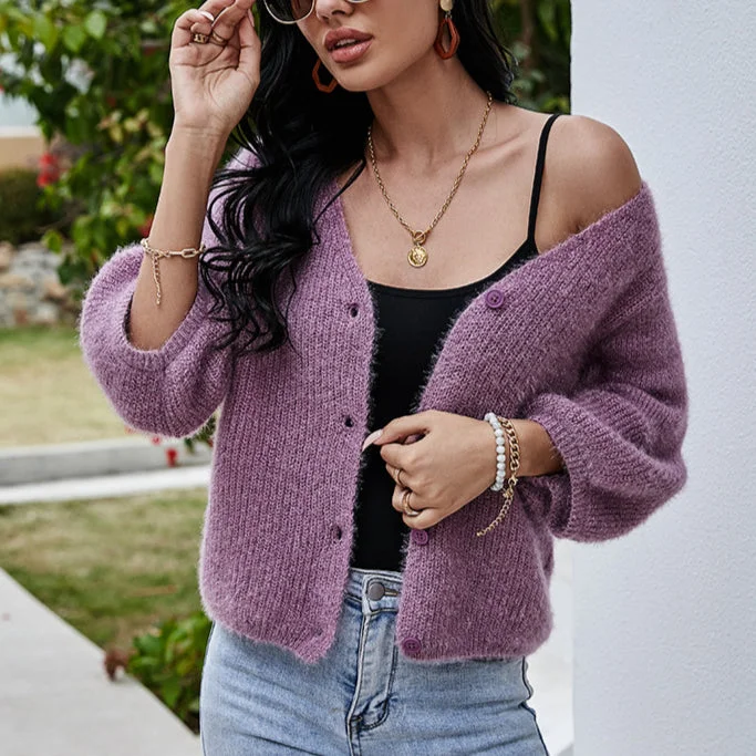 Sports Zipper Style Three-Quarter Sleeve Button Down Knitting Loose Cardigan Solid