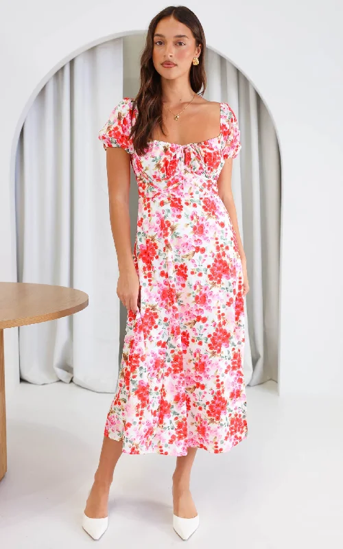 Street Personality Style Kiaya Midi Dress - Red Pink Floral